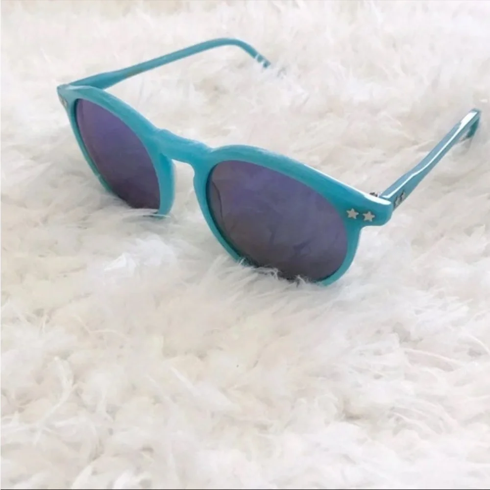 Wildfox Light Blue Frame Sunglasses with Blue Mirrored Lenses and Star Accents